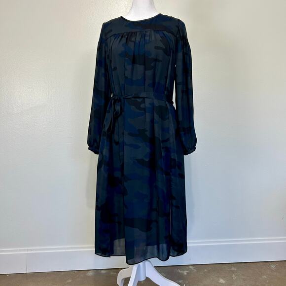 NWT Banana Republic Dress Navy Black Camo 2P Belt Sheer Flowy Long Sleeve Formal - Picture 1 of 13